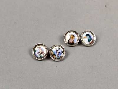 three different pictures of a woman and a man are shown in a set of four buttons