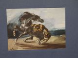 painting of a horse and a leopard running in the desert