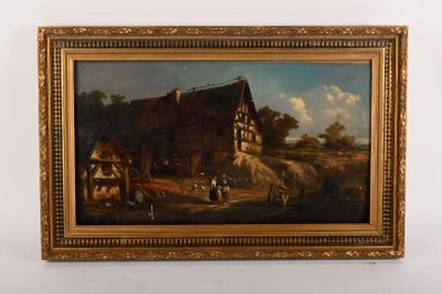 une peinture à l'huile d'une scène de ferme avec une voiture à cheval