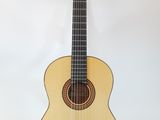 an acoustic guitar sitting on a stand against a white background