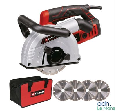 an electric circular saw with blades and a tool bag