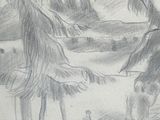 pencil drawing of a man and a woman on a beach with palm trees and mountains in the background