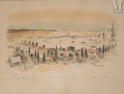 drawing of a view of a city from a hill with a church in the distance