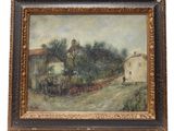 une peinture à l'huile représentant une scène de village avec un train qui passe