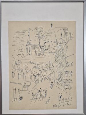 painting of a drawing of a city with buildings and people
