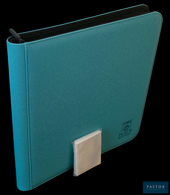 un classeur bleu orné d'un bouton blanc