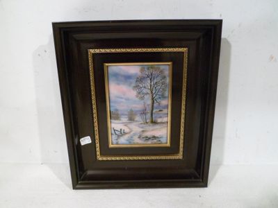 a painting of a snowy landscape with trees in the foreground