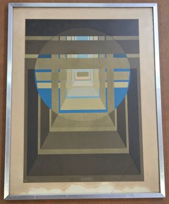 painting of a tunnel with a blue sky in the middle