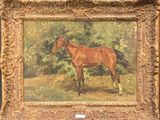 painting of a brown horse standing in a field with trees in the background