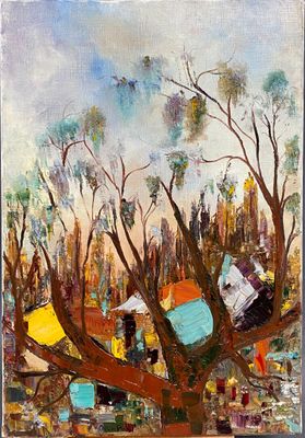 une peinture à l'huile représentant un groupe de personnes assises dans un arbre