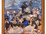 une peinture à l'huile représentant un groupe de personnes assises sur une plage