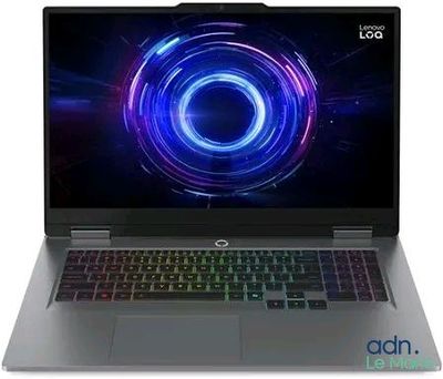 l'ordinateur portable est ouvert sur une surface blanche, avec un logo bleu et violet