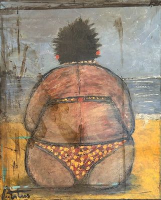 a painting of a man in a bikini sitting on the beach