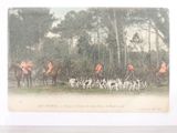 a lot of people riding horses and dogs in the woods