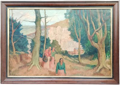 tableau représentant une femme marchant sur un sentier dans une forêt