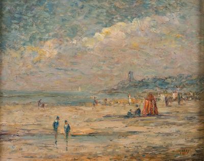 painting of a beach scene with people walking on the sand and a lighthouse in the distance