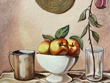 un tableau représentant un bol de pommes et une tasse posés sur une table