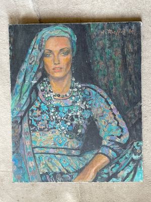 an oil painting of a woman in a blue dress sitting on a chair