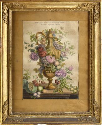 tableau représentant un vase avec des fleurs et des fruits posé sur une table