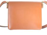 tan leather cross body bag on white background with clipping for shoulder strap
