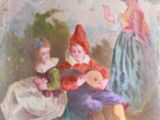 a blue vase with a picture of a woman and two children on it