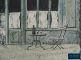 a painting of a woman sitting at a table in front of a window