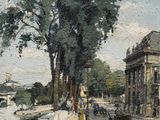 a painting of a street scene with a horse and buggy