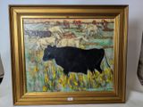 un tableau représentant une vache noire dans un champ d'herbe