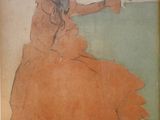 tableau représentant une femme vêtue d'une robe orange et d'un chapeau, assise sur un banc