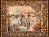 une peinture à l'huile représentant une foule de personnes sur un marché