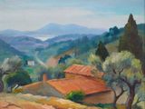 une peinture à l'huile représentant un paysage rural avec une maison et des arbres