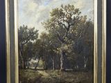 un tableau représentant un paysage boisé avec des arbres au premier plan