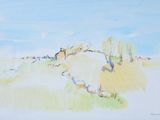 une aquarelle représentant un champ avec une colline en arrière-plan
