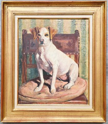 tableau représentant un chien blanc assis sur une chaise dans une pièce