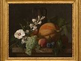 peinture d'une nature morte de fruits et de fleurs sur une table