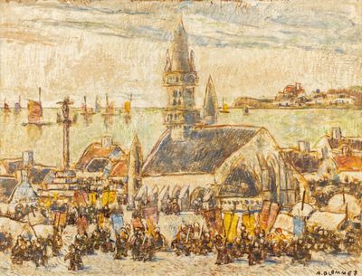 une image représentant un tableau d'une ville avec une église en arrière-plan