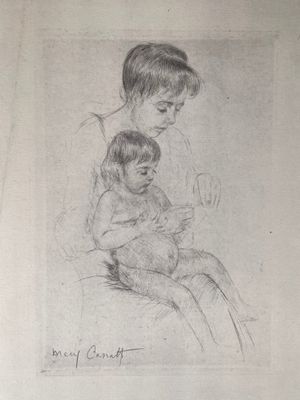 un dessin représentant une femme tenant un enfant sur ses genoux