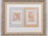 two framed drawings of a woman and a man on a white background