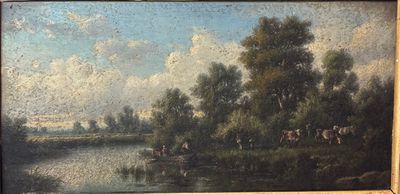 painting of a river scene with cattle grazing in the distance
