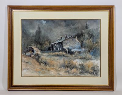 tableau représentant une scène de vie à la ferme avec une grange en arrière-plan
