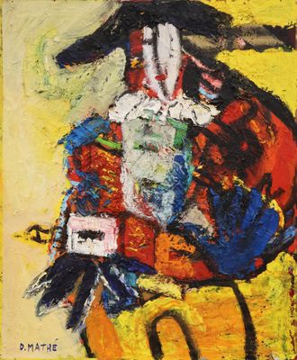 une image représentant un tableau d'un clown sur fond jaune