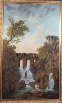 a picture of a painting of a waterfall in the woods