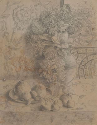 un dessin représentant un vase avec des fleurs et des fruits posé sur une table