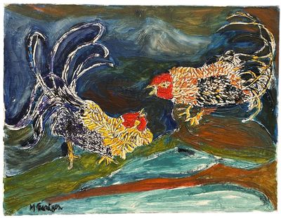 painting of two roosters in a field with water and sky in the background