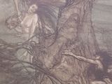 drawing of a woman on a rock with a horse in the foreground