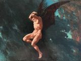 une peinture à l'huile représentant un personnage masculin ailé sur fond bleu