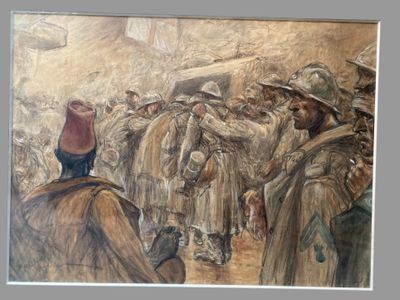 un tableau représentant un groupe d'hommes debout devant un bâtiment