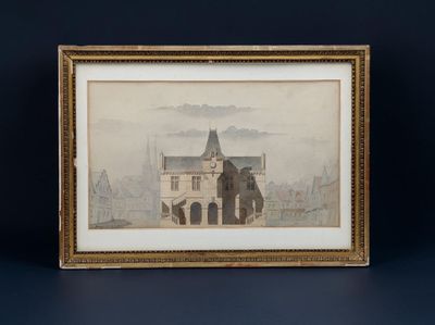 an old picture of a building with a clock tower in it