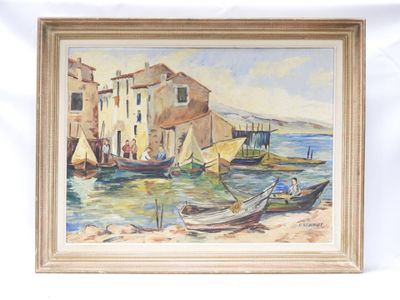 an oil painting of boats on the water in front of a building
