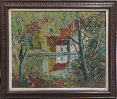 une image d'une peinture représentant une maison dans un bois